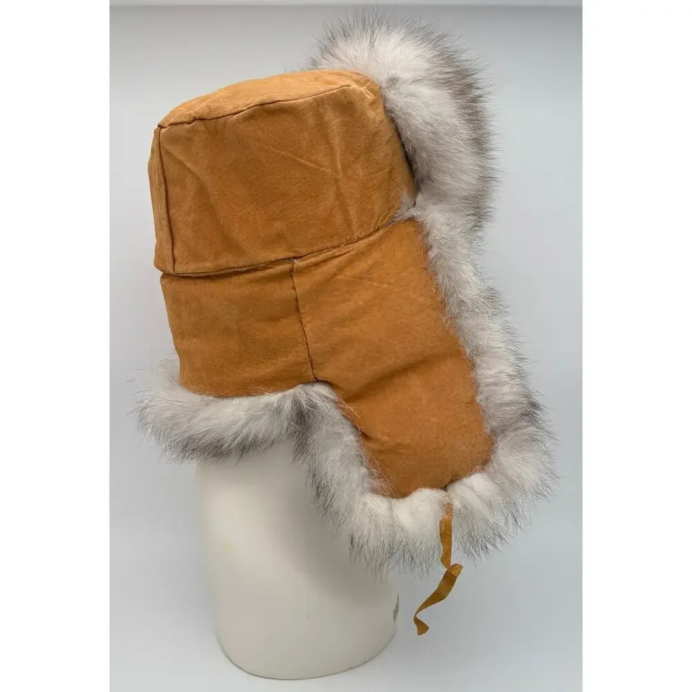 Genuine Rabbit Fur Trapper Hat Ushanka Made in Russia Tan Suede Vintage